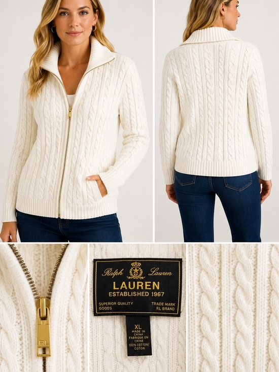 Lauren Ralph Lauren Sweaters - Lauren Ralph Lauren Ivory Cable Knit Full Zip Cotton Sweater Cardigan XL
